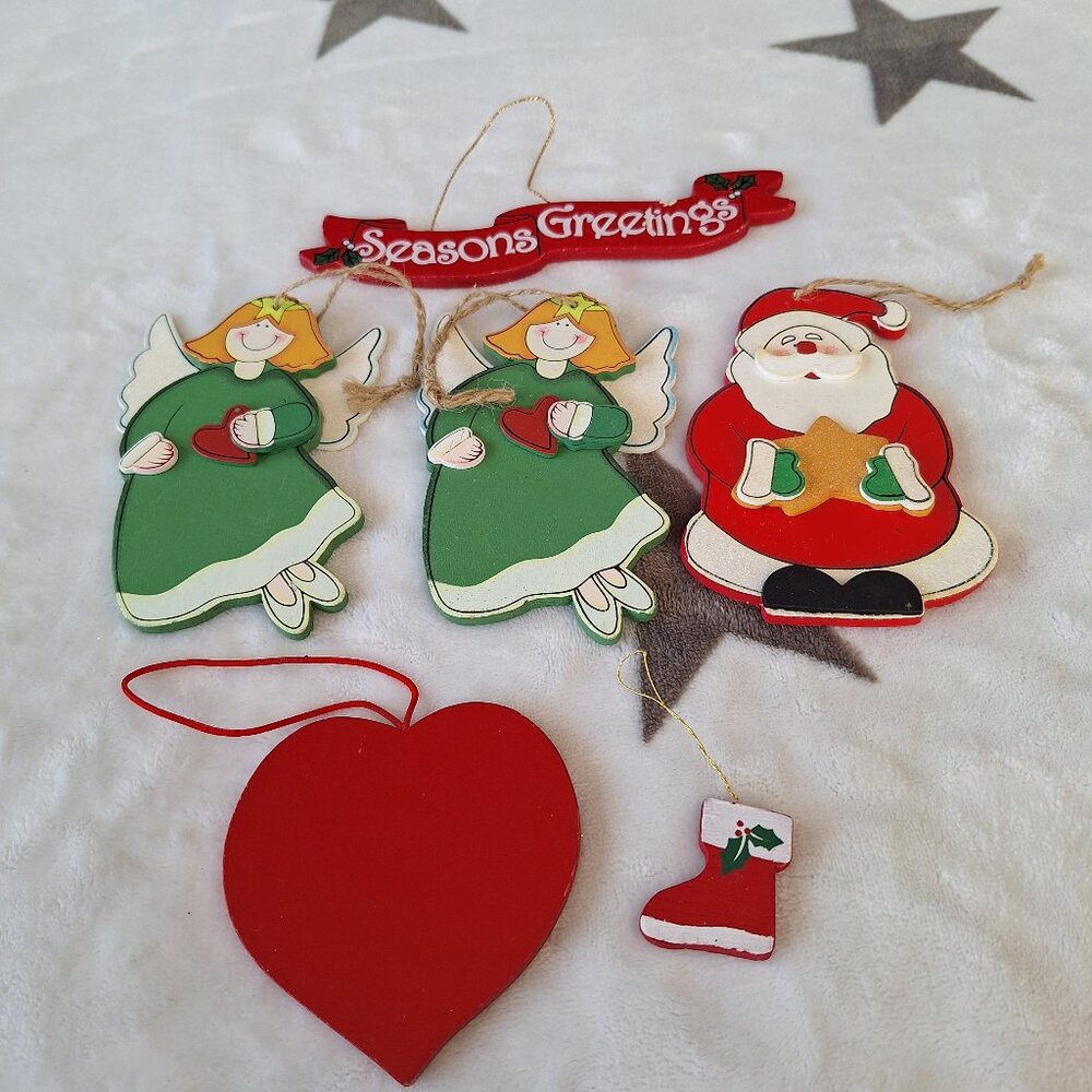 Vintage‎ Flat Wooden Hand Painted Christmas Ornaments Lot of 6 Mixed Makers